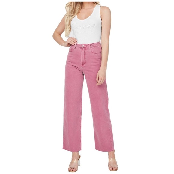 Guess | High Waisted Pink Flare Leg Raw Hem Denim Jeans 27 - Picture 3 of 11